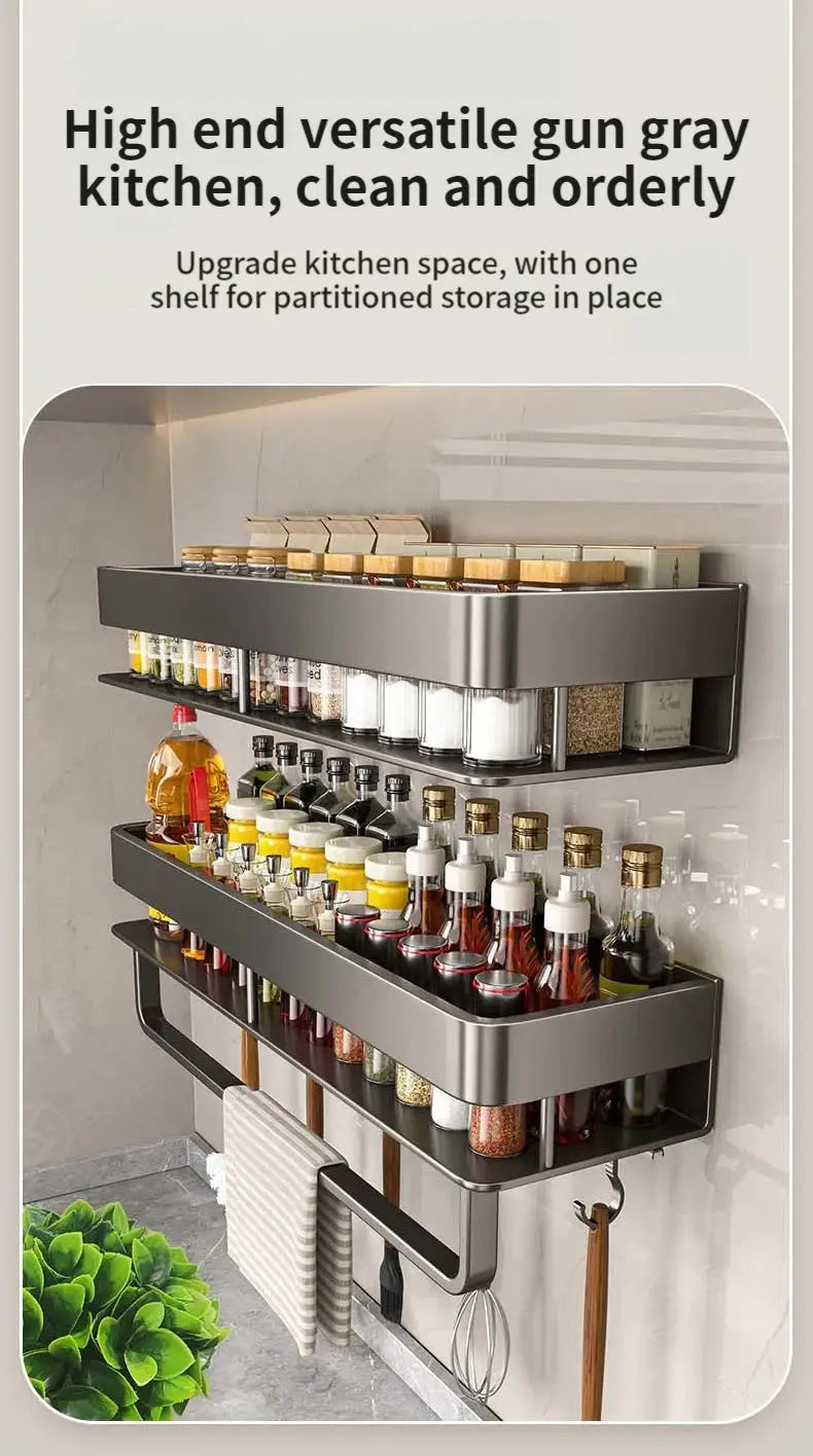 Aluminum kitchen rack wall shelf by Simples Market, silver 3-tier no-drill hanging organizer for bottles and spices.