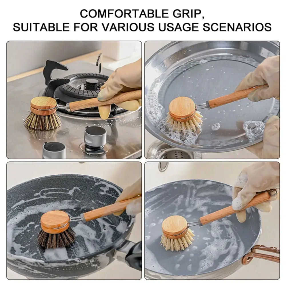 Replaceable dish brush with wooden handle; natural-bristle head for pots and pans in soapy water