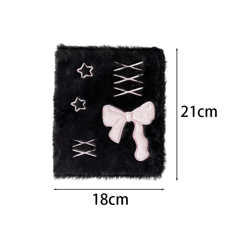 Bow Korea plush A6 binder photocard holder, black fuzzy cover with pink bow, 18×21 cm