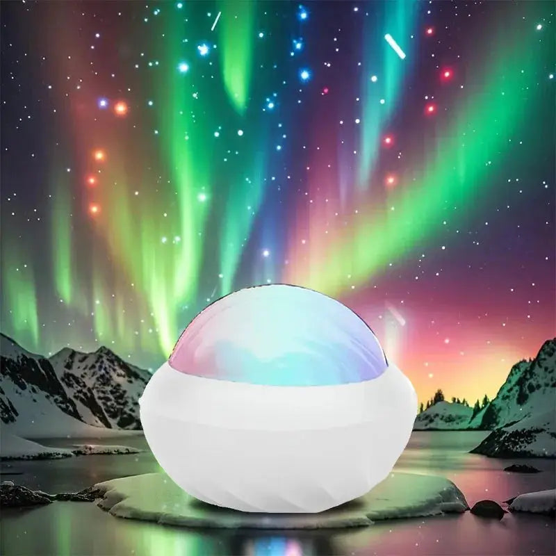 Northern Light Projector RGB Aurora lamp with white spherical base projecting colorful lights for home decor