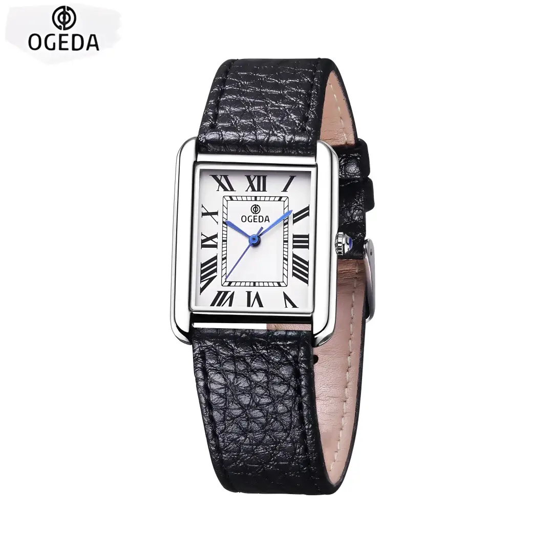 OGEDA waterproof couple watch with square dial, stainless steel case, black leather strap