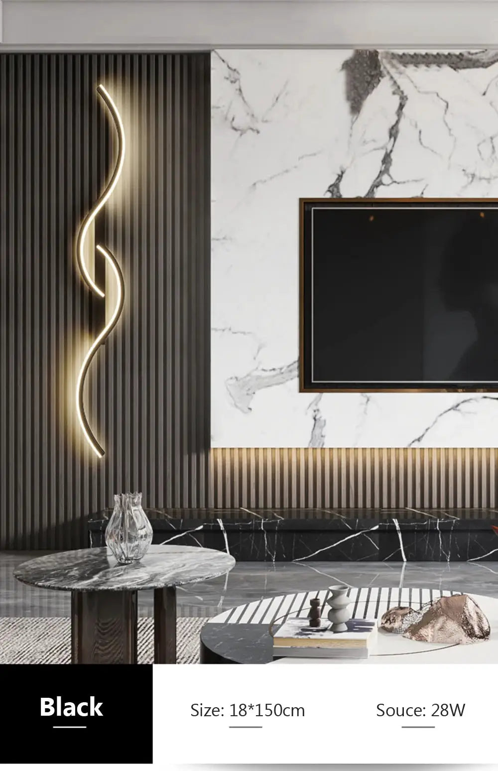 Black curved LED wall lamp, long strip sconce, 18×150 cm, 28W, mounted on a dark ribbed wall beside a marble TV wall.