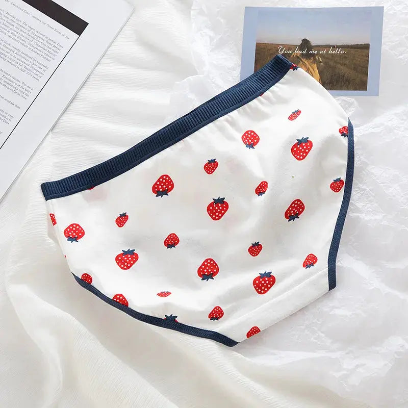 Mask, white fabric with strawberry-print pattern and navy blue trim
