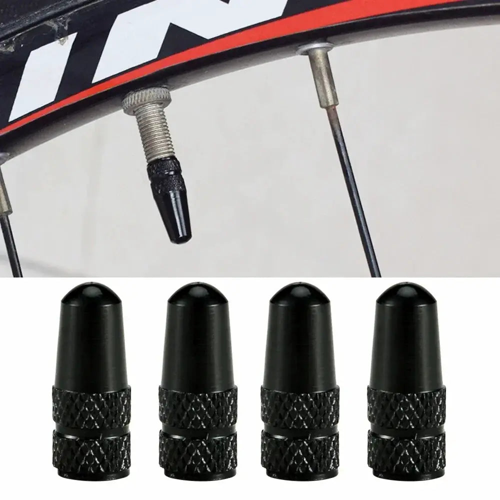 4-pack aluminum alloy Presta valve caps for road bikes; black knurled caps