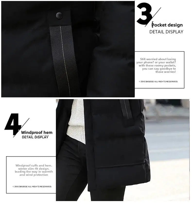 Mid-length hooded winter jacket for men by Simples Market, black cotton-padded with windproof hem and pocket detail
