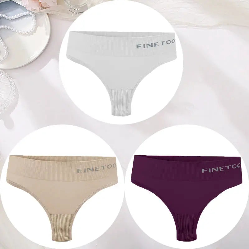 3-pack FINETOO thong panties; seamless high-waist underwear in white, beige, and purple.