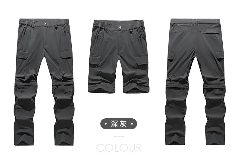 Simples Market men's cargo hiking pants in dark gray; waterproof, lightweight, convertible with cargo pockets.