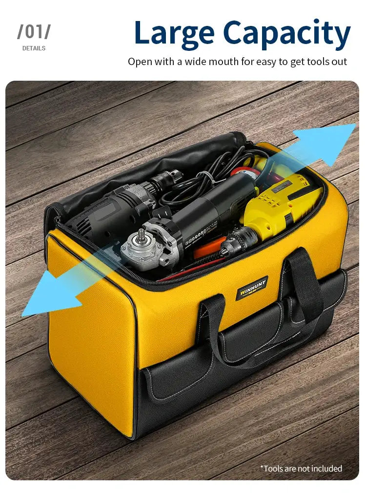 17 Inch Large Tool Bag by Simples Market, yellow with black trim, 6 exterior pockets; opened to show tools inside.
