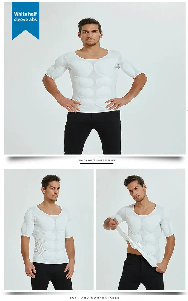 3D muscle shirt, white short-sleeve undershirt with built-in abs, form-fitting