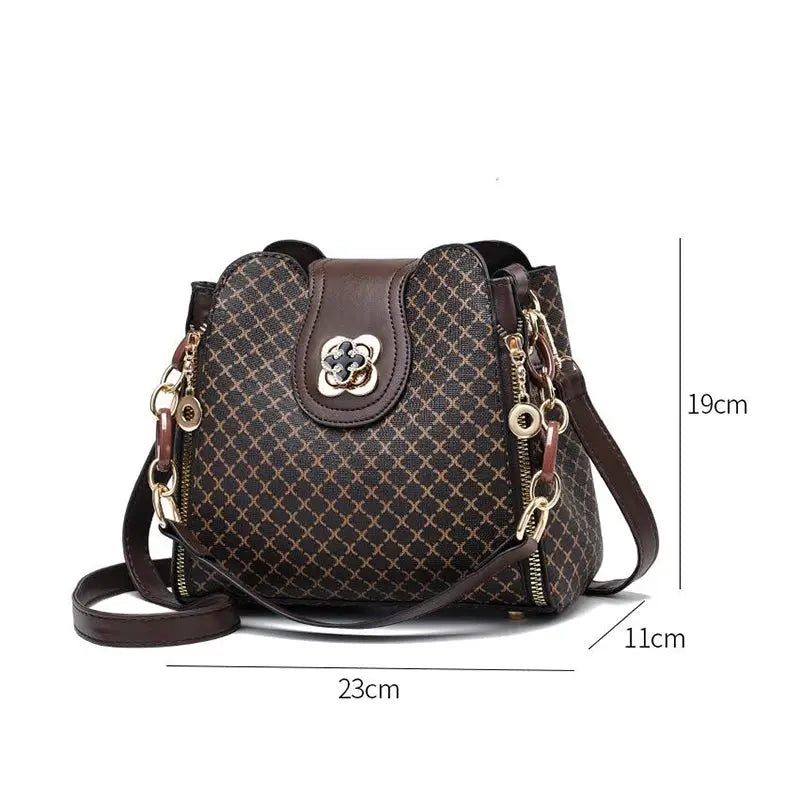Women crossbody bucket handbag with flip check print, brown faux leather, large capacity 23x19x11 cm