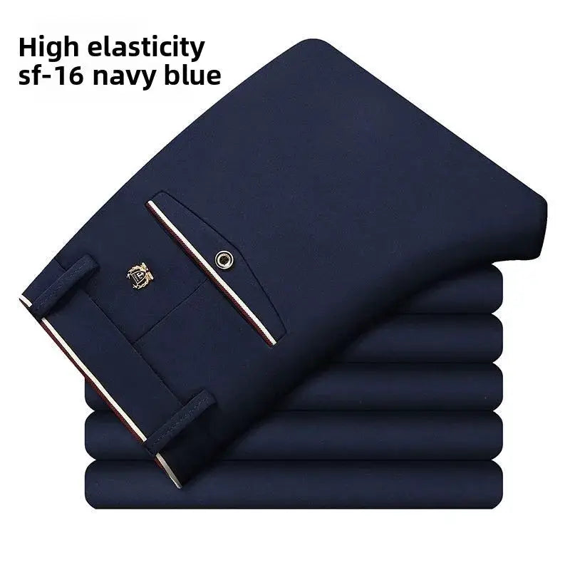 Simples Market navy blue elastic waist dress pants, wrinkle-resistant slim fit business chinos; crest logo, six pairs.