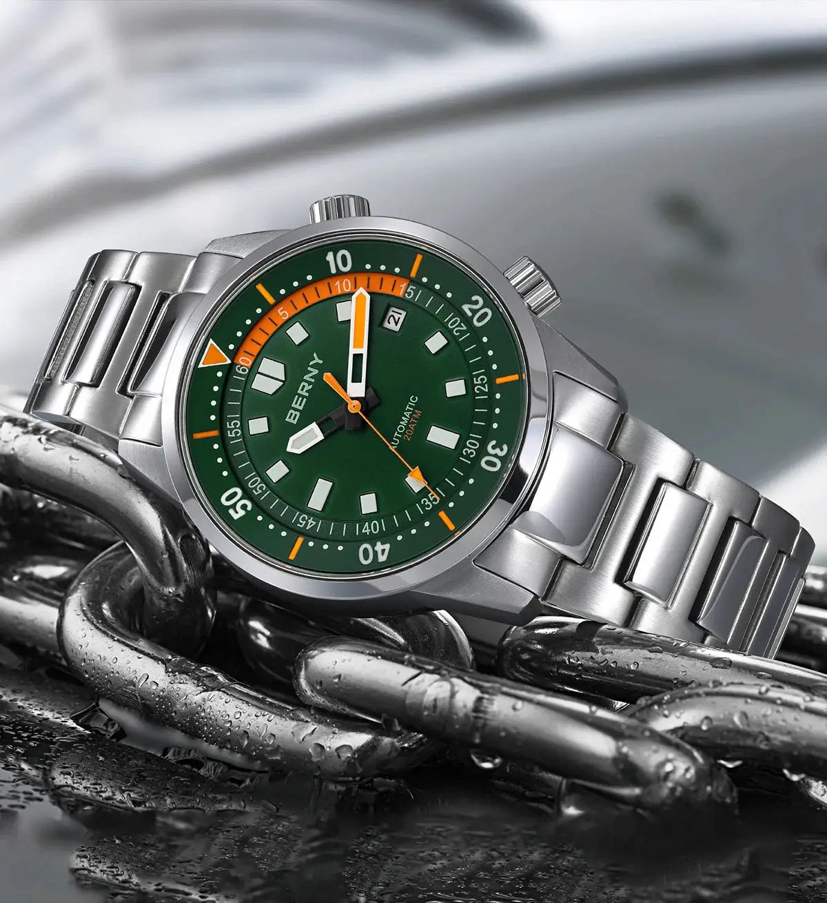 BERNY men's green dial diver watch with stainless steel bracelet, orange accents, automatic movement, 42mm case