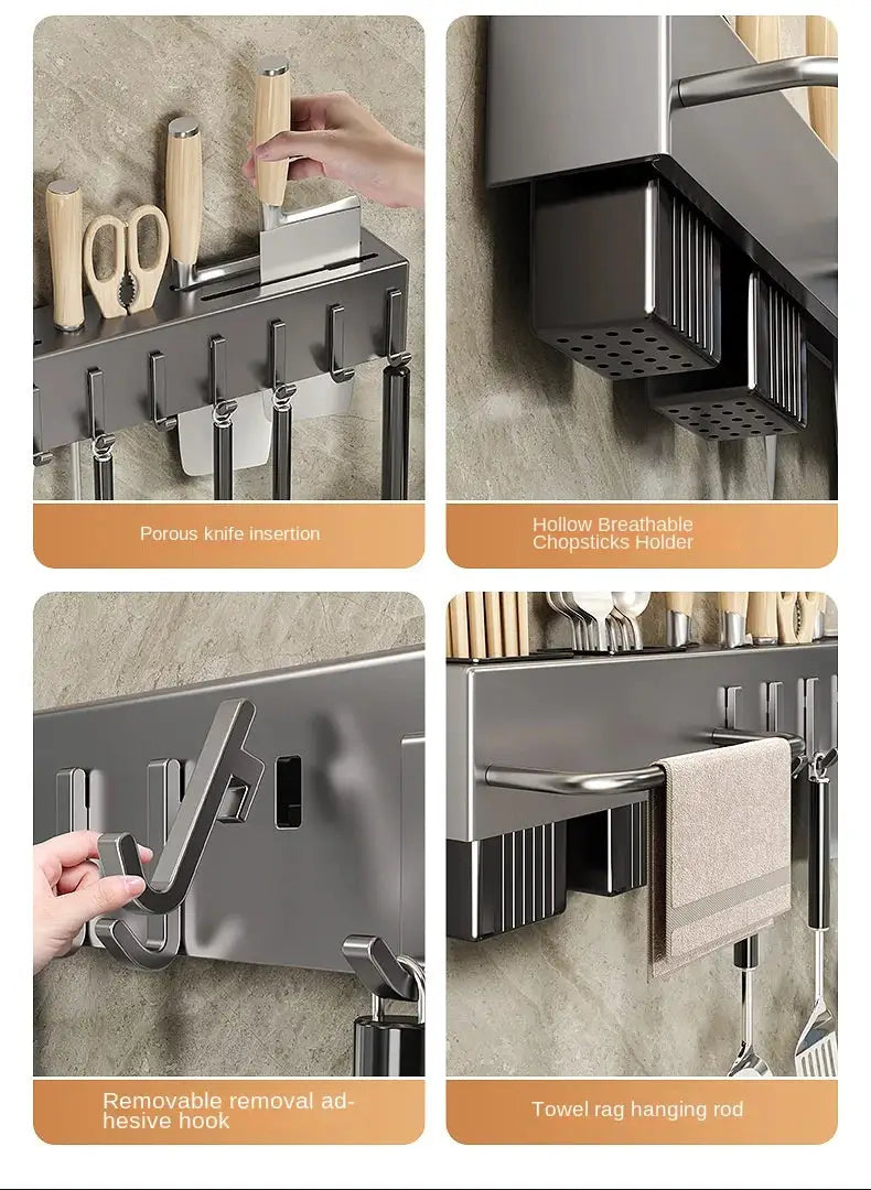 Simples Market wall-mount metal kitchen shelf with knife slots, hollow chopstick holder, removable hooks and towel rod.