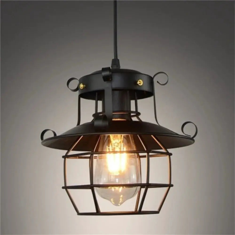 Industrial pendant light with black metal cage and exposed bulb, retro bar-dining style