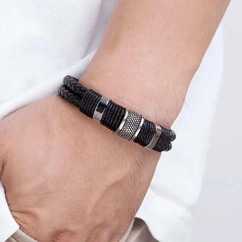 Vintage Woven Leather Rope Wrap Bracelets for Men with Stainless Steel Accents Punk Wristband Jewelry Gift