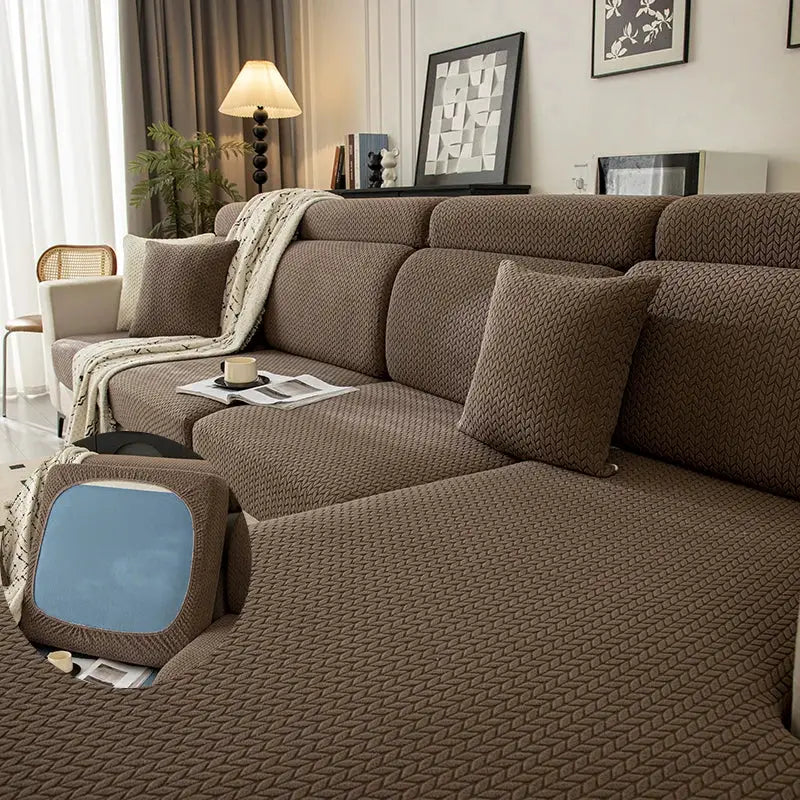 Sofa cover by Simples Market, elastic brown plush textured protector for living room, removable for pets.