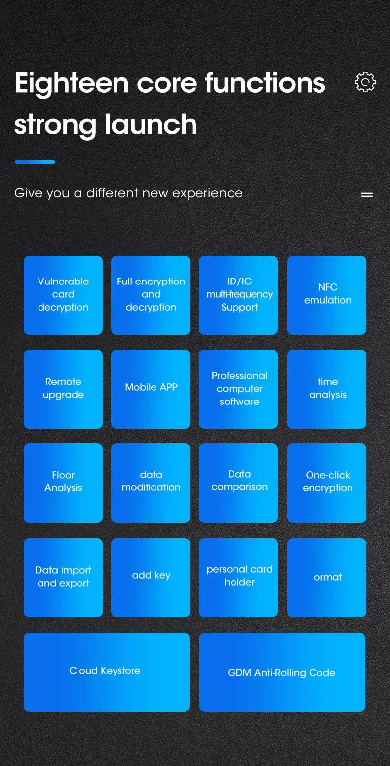 NFC card reader/writer UI with eighteen blue function tiles on a dark background.