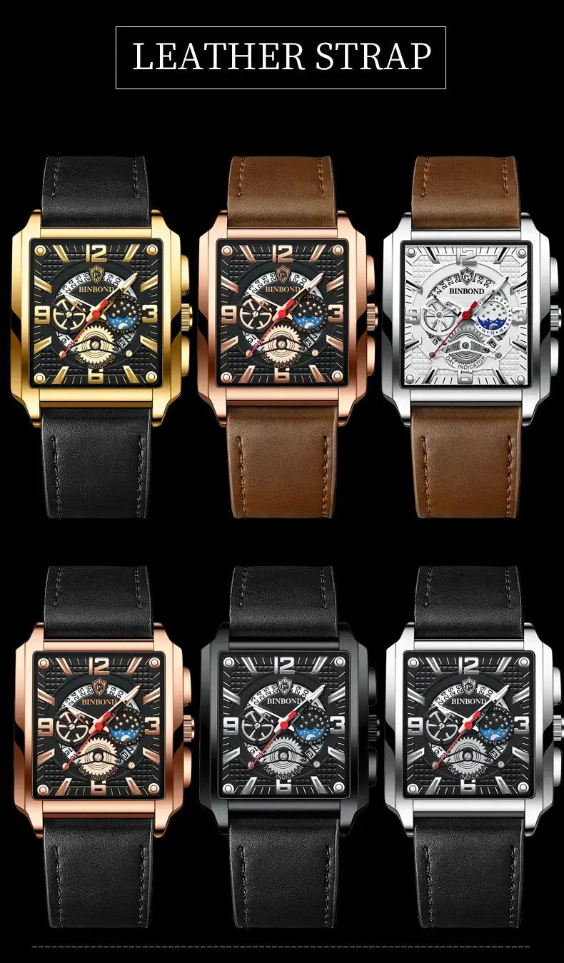 Binbond leather-strap men's watches collection, six square-faced quartz watches in gold, rose gold and silver tones