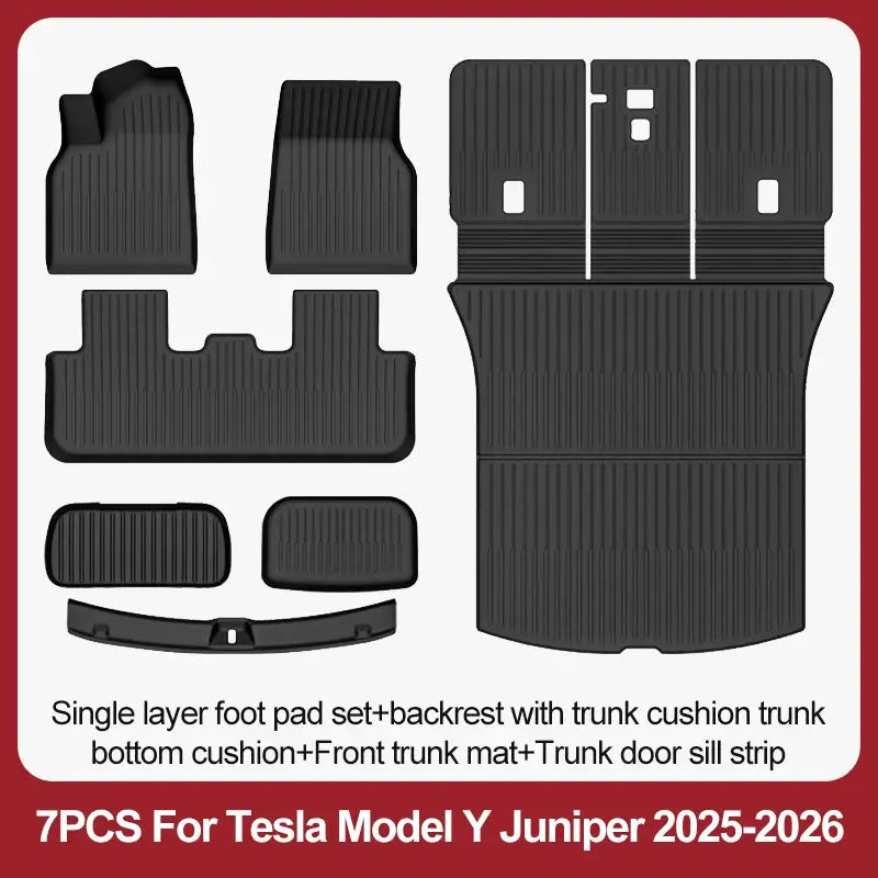 Tesla Model Y Juniper 7-piece black TPE floor mats set by Simples Market, includes front, rear, trunk mats.