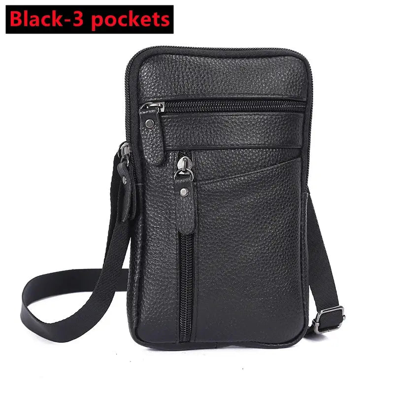 Men's genuine leather crossbody bag black with 3 pockets and adjustable strap