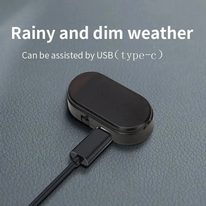 Solar powered car warning light kit, black oval module with USB-C style connector and cable