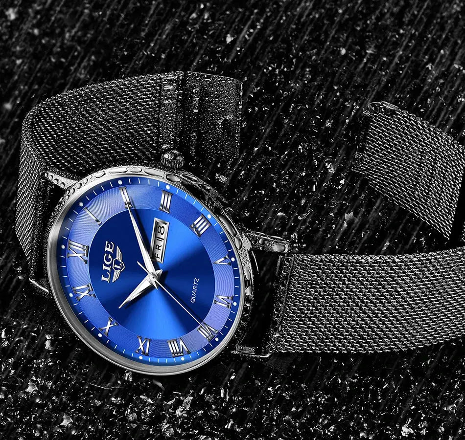 LIGE women's luxury stainless steel watch with blue dial, Roman numerals, date window, and mesh bracelet