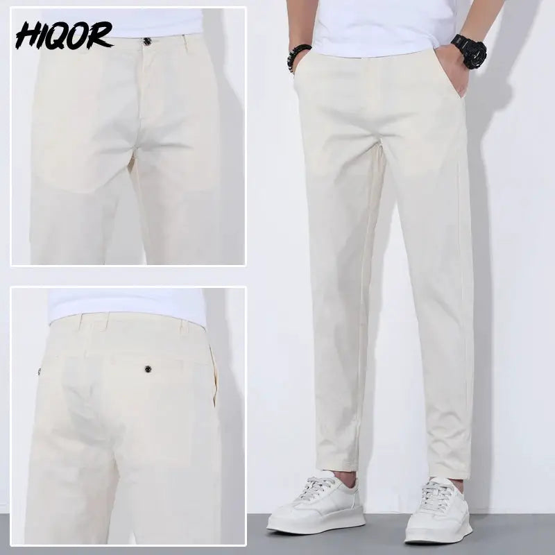 HIQOR men's beige cotton casual long pants, breathable summer trousers