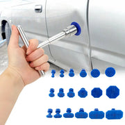 Car dent repair puller with 18 blue plastic glue tabs in assorted sizes