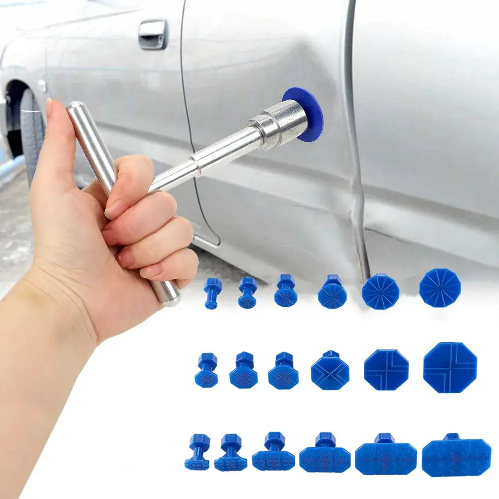 Car dent repair puller with 18 blue plastic glue tabs in assorted sizes
