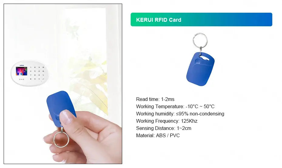 KERUI W184 alarm system unit with blue RFID card key fob and wall-mounted keypad