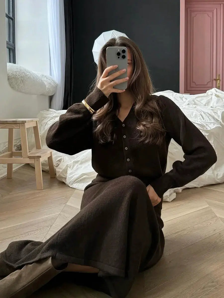 Hirsionsan Two Piece Set Women Polo Neck Cardigan And Midi Dress