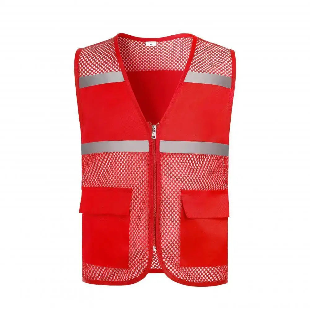 Red mesh sleeveless safety vest with reflective bands, front zipper and two cargo pockets