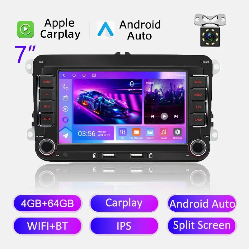 2Din Android car radio with CarPlay/Android Auto, 7-inch IPS touchscreen for VW/Skoda models