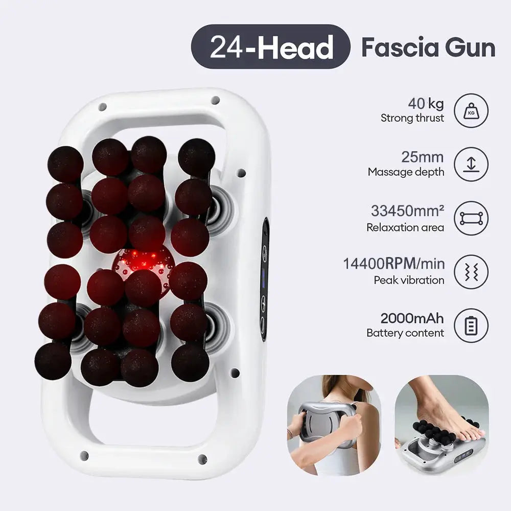 Massage gun with 24 heads, white fascia massager for back, waist, thighs, neck and shoulders