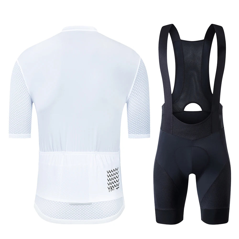 2-piece cycling jersey set: white mesh-sleeve jersey and black bib shorts