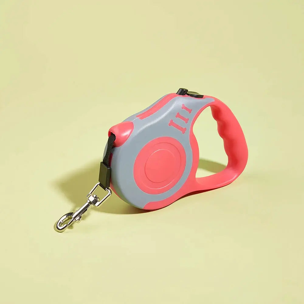 Retractable dog leash 3m/5m for small to large dogs; pink and gray nylon with metal clip
