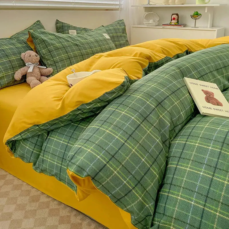 Simples Market Nordic plaid cotton bedding set with green plaid and yellow reverse; duvet cover and pillowcases.