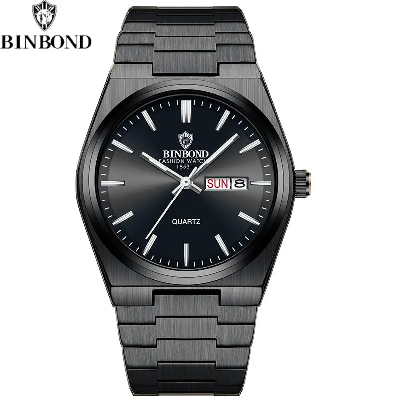 BINBOND fashion men's quartz stainless steel watch with black dial, brushed metal bracelet, day-date display