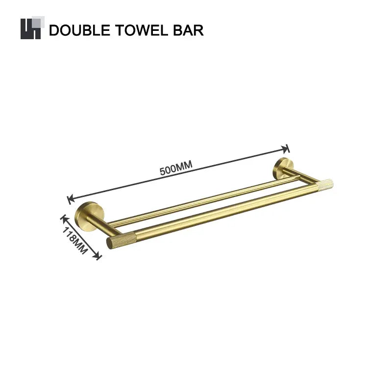 Double towel bar set in brushed gold knurled brass by Simples Market, 500mm long with wall mounts