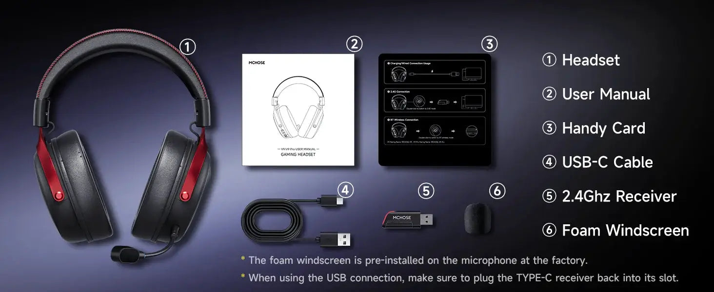 MCHOSE V9 Pro wireless gaming headset by Simples Market, black with red accents; includes 2.4GHz dongle and USB-C cable