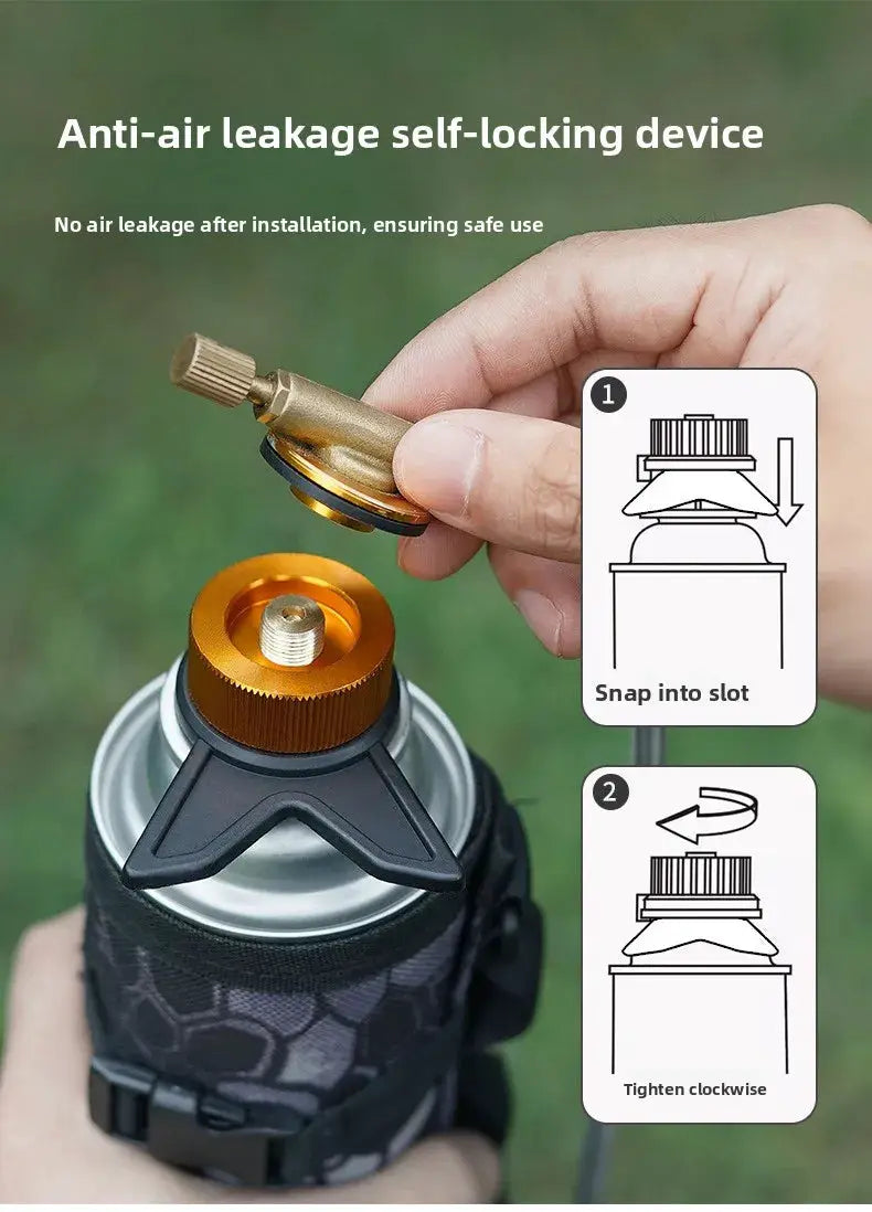 Butane adapter with bracket for camping stove; brass connector, orange knurled knob, compact bottle adapter.