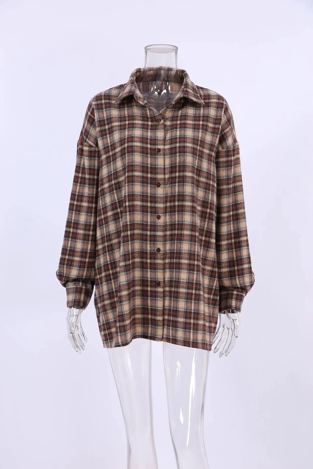 Simples Market plaid checkered shirt, women's long-sleeve loose-fit in beige-brown tones