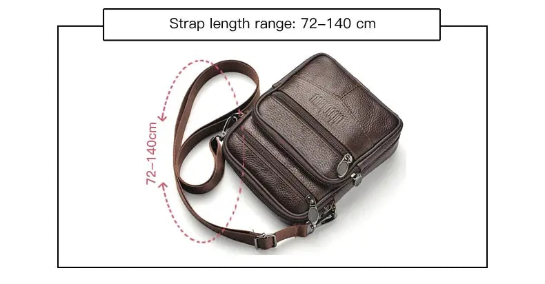 Men's genuine leather crossbody bag by Simples Market, brown with zipper pockets, strap 72–140 cm