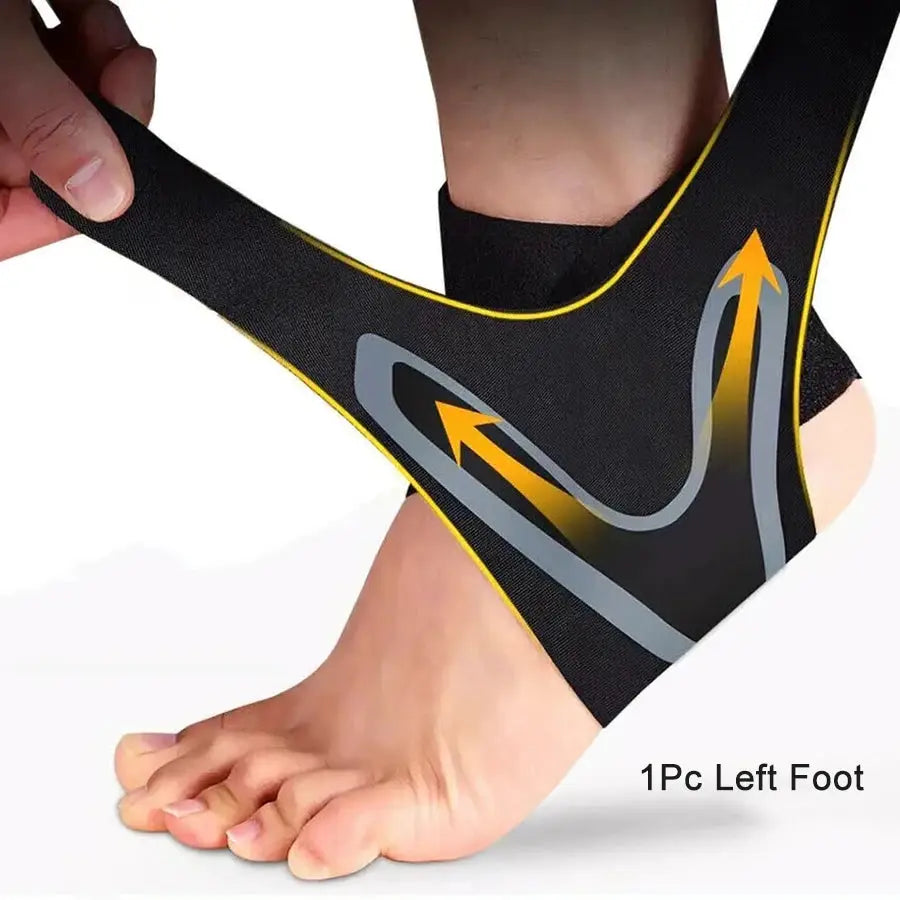 Ankle brace compression sleeve for left foot, Simples Market, black breathable wrap with yellow trim and arrow graphics