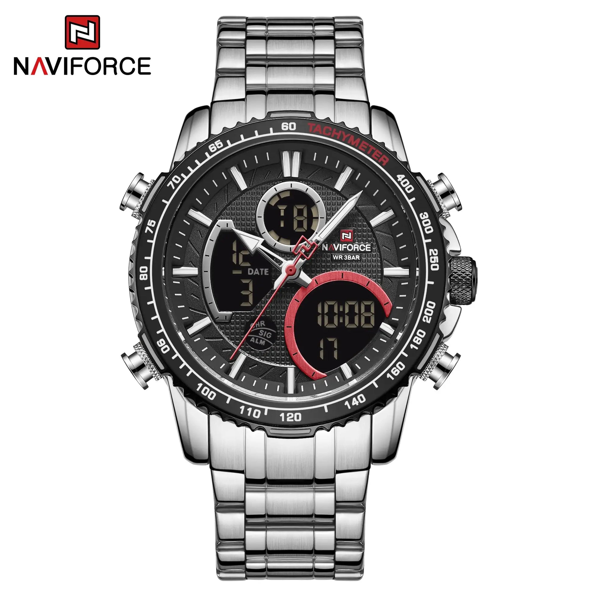 Naviforce men's stainless steel chronograph watch with tachymeter bezel and black dial