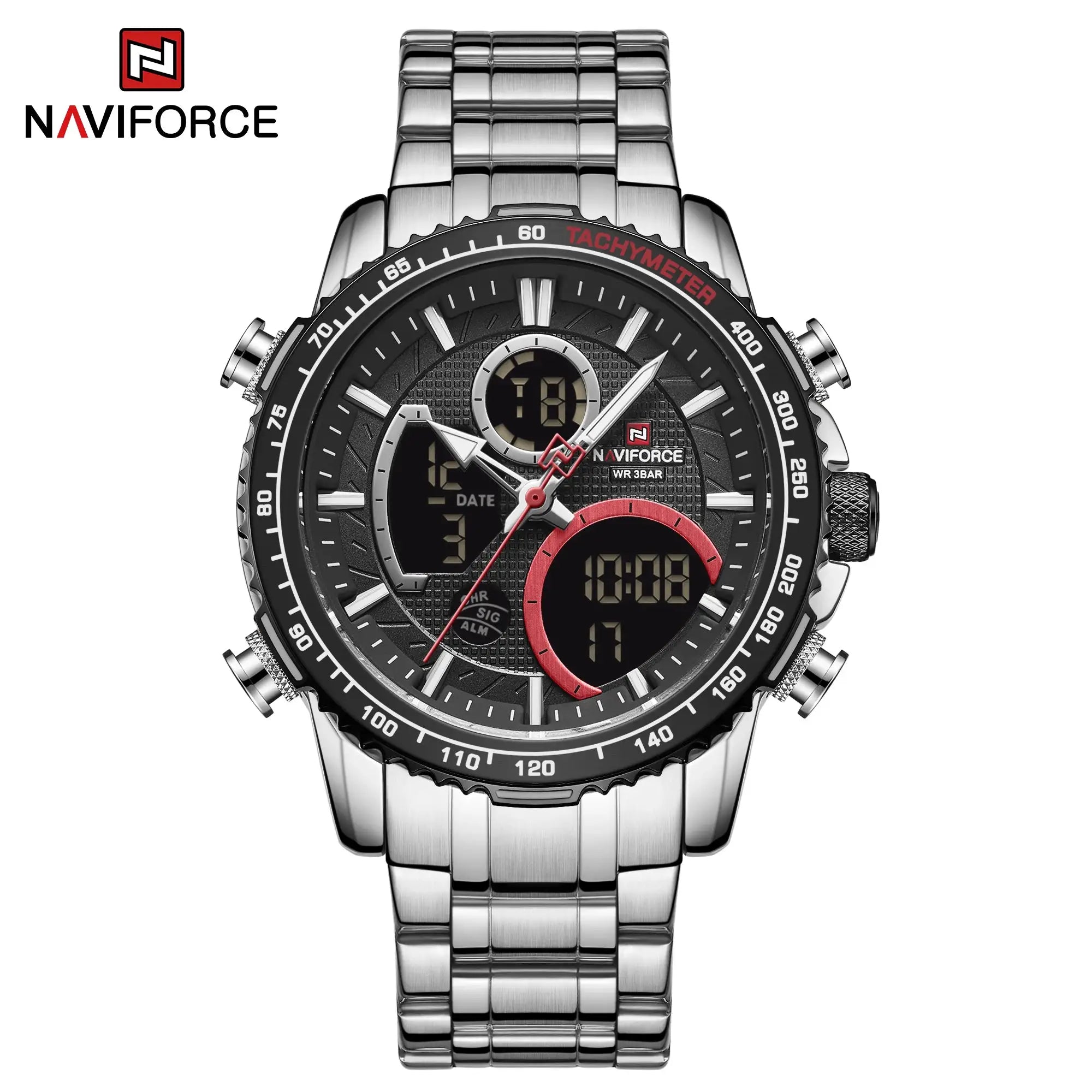 Naviforce men's stainless steel chronograph watch with tachymeter bezel and black dial