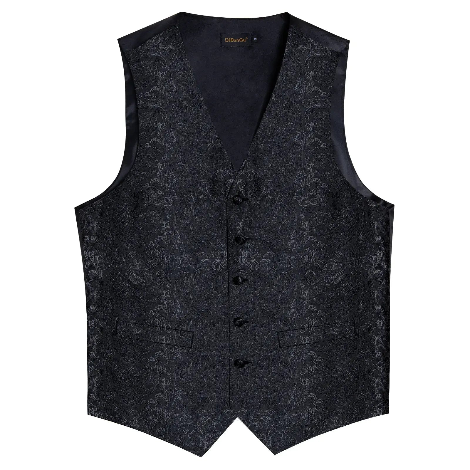 Men's black paisley jacquard waistcoat vest with front buttons for wedding or prom