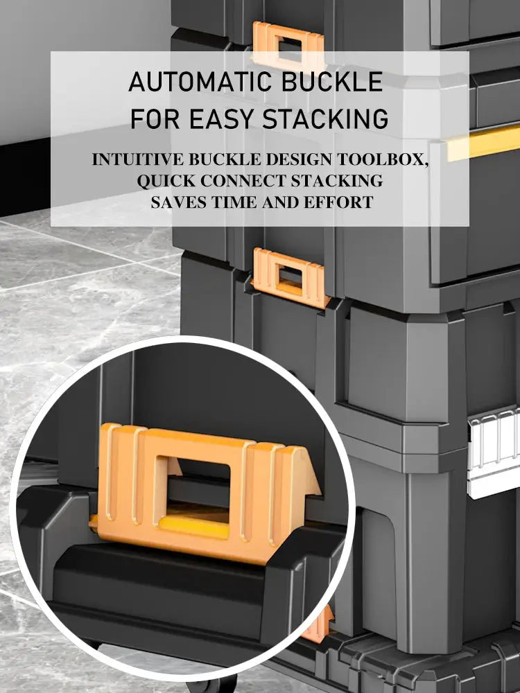 AIRAJ stackable modular toolbox set with orange latches, grey body, and wheels.