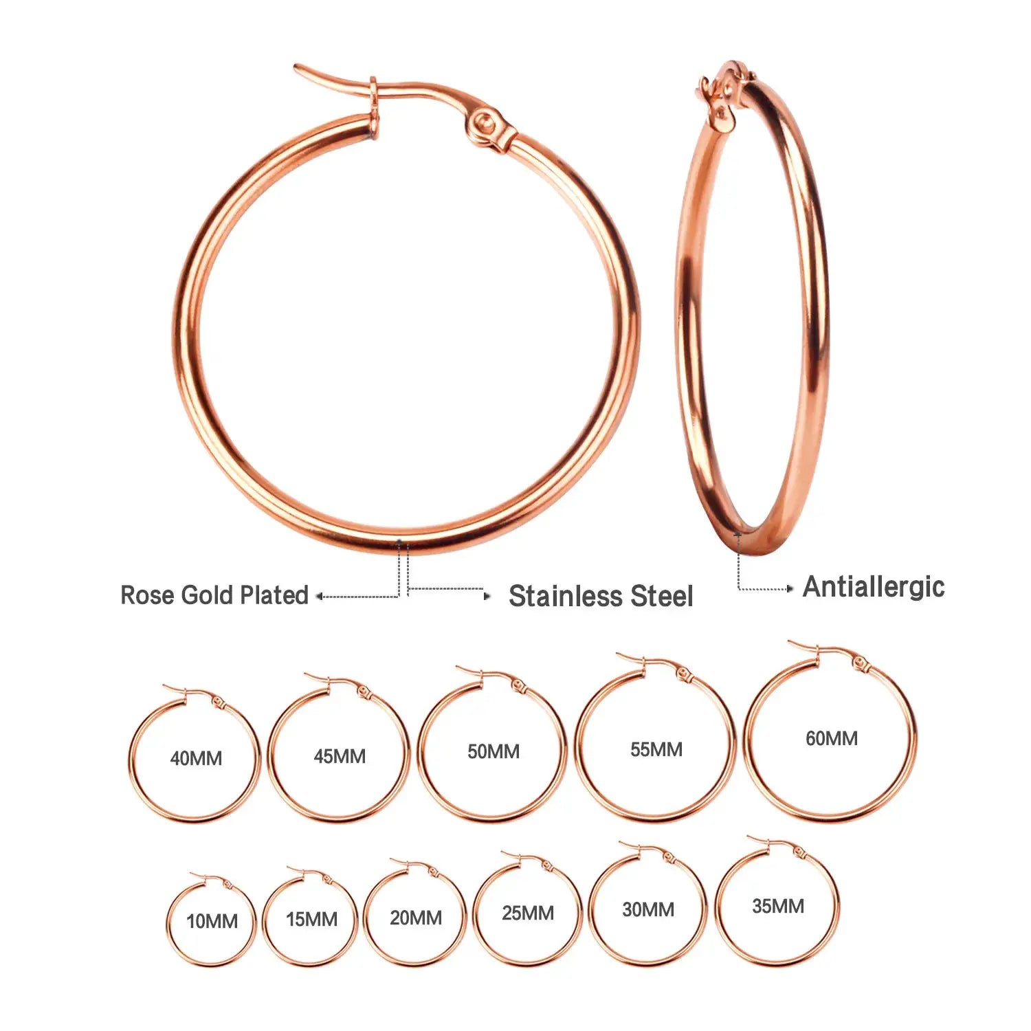 Hoop earrings rose gold plated stainless steel; antiallergic; Simples Market; 11 sizes (10–60mm)
