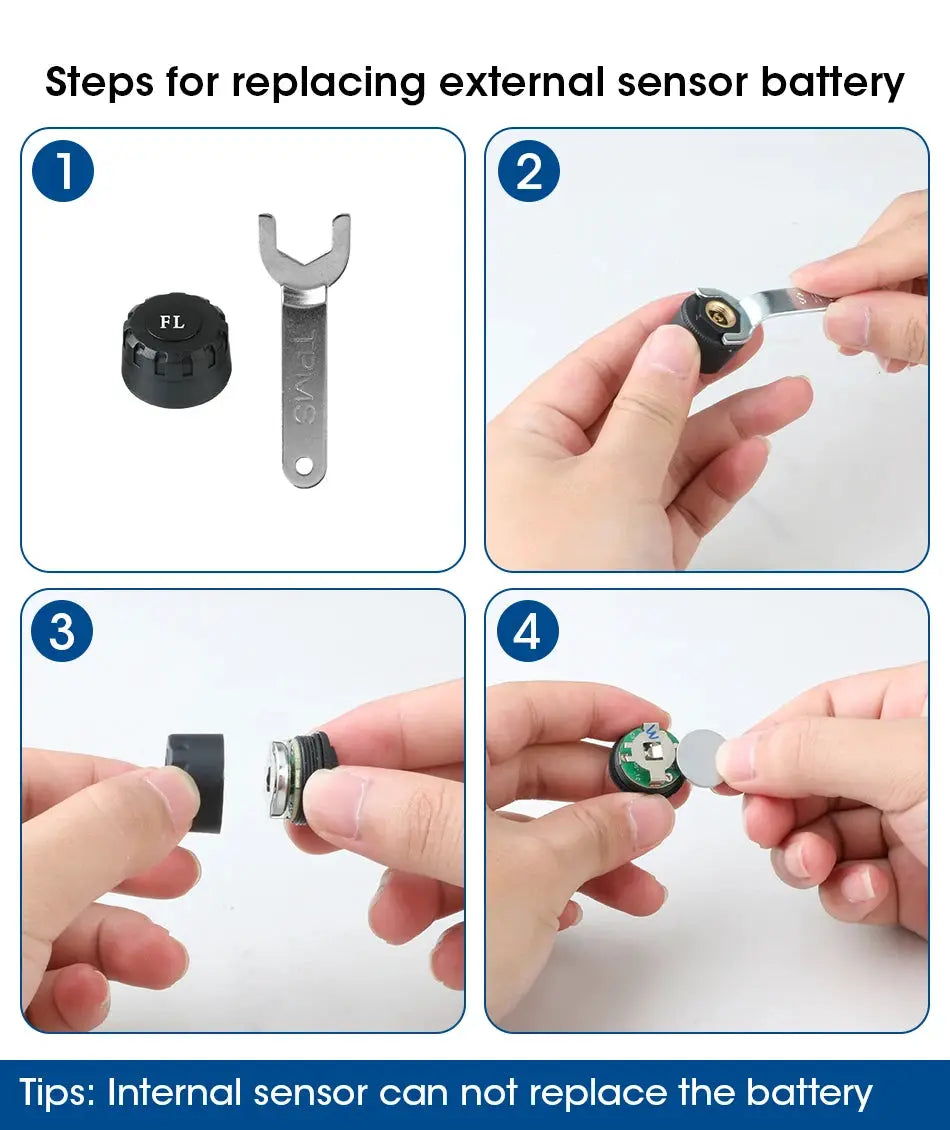TPMS external sensor battery replacement guide; four-step infographic showing cap, removal tool, and coin-cell sensor components